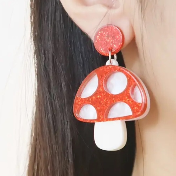 Red & White Acrylic Mushroom Earrings Polka Dots Glitter Marbled - Picture 3 of 5